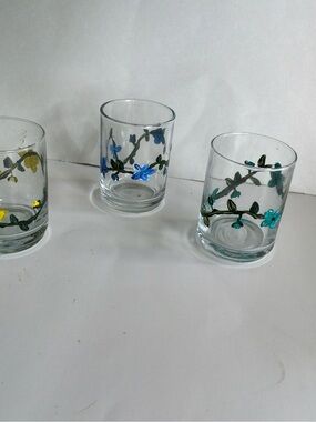 Hand Crafted Floral Glass Tumblers - Blue, Teal, Yellow